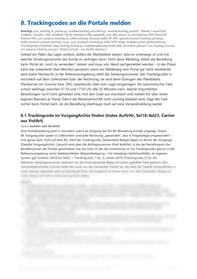 Beispielseite aus dem Handbuch: Detailkapitel mit Erklärung, Ablauf und Fallen (Vorschau, unten unscharf)